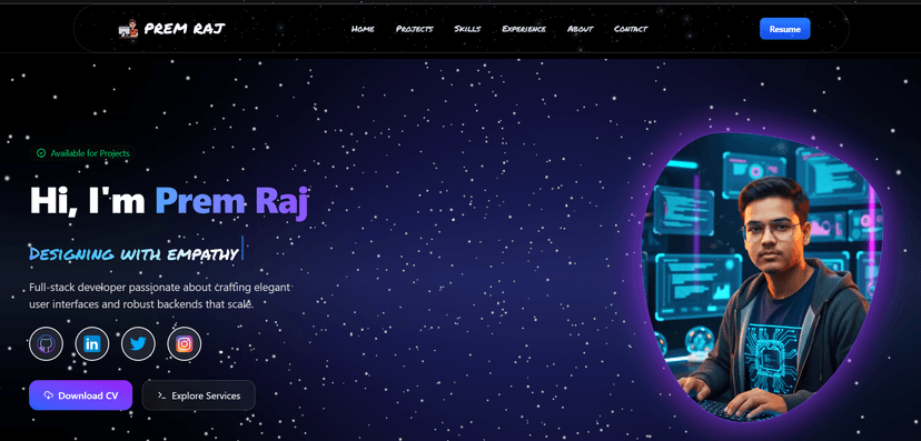 Portfolio Website screenshot showcasing Next.js + Tailwind + Framer Motion portfolio website with modern UI.